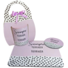 Kit Terraza con taza que incluye la frase “Nunca sótano, siempre terraza”, acompañado de porta taza, posa taza y pad a juego, ideal como regalo motivador.