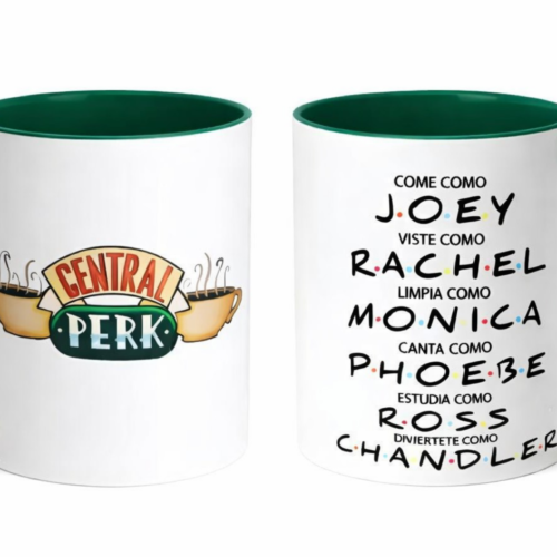 Taza verde esmeralda Friends con logo Central Perk y frases de personajes, ideal regalo para fan de la serie