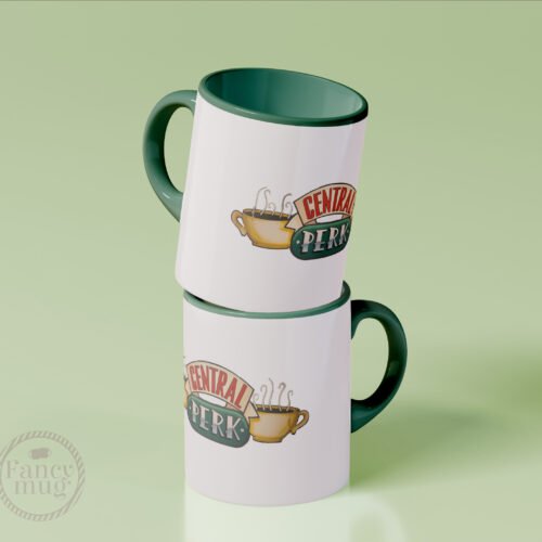 Taza con logo de Central Perk de Friends, con asa e interior en verde esmeralda, diseño minimalista ideal para fans de la serie.