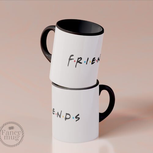 Taza Friends con logo clásico y asa negra, diseño moderno