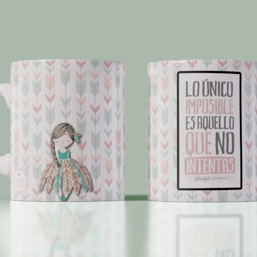 Taza estilo boho con ilustración femenina y frase motivadora “Lo único imposible es aquello que no intentas”, ideal como regalo inspirador y creativo.