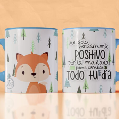 Taza blanca con asa celeste, ilustración de zorrito tierno y frase motivadora “Un pensamiento positivo puede cambiar tu día”