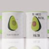 Set de dos tazas diseño de palta ilustrada y frases “You are my other half” y “Me haces mucha palta”, con reverso estilo checklist marcando “Avocado”.