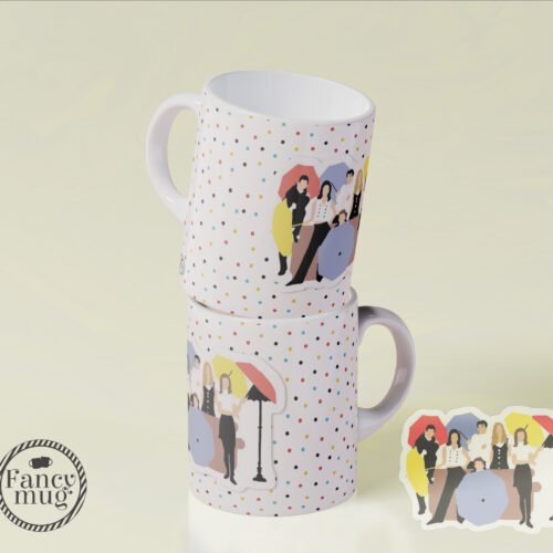 Taza blanca con diseño inspirado en Friends, ilustración de personajes sobre fondo confetti multicolor, presentada en mockup con dos vistas, ideal para fans de la serie.