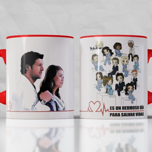 Taza inspirada en Grey’s Anatomy, con ilustración de personajes y frase “Es un hermoso día para salvar vidas”, ideal para fans de la serie y profesionales de la salud.